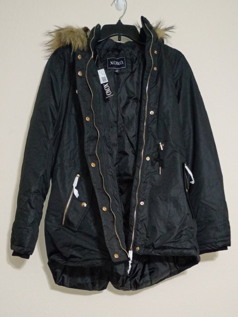 NWT Women's XOXO Vegan Fur Hooded Jacket Size M
